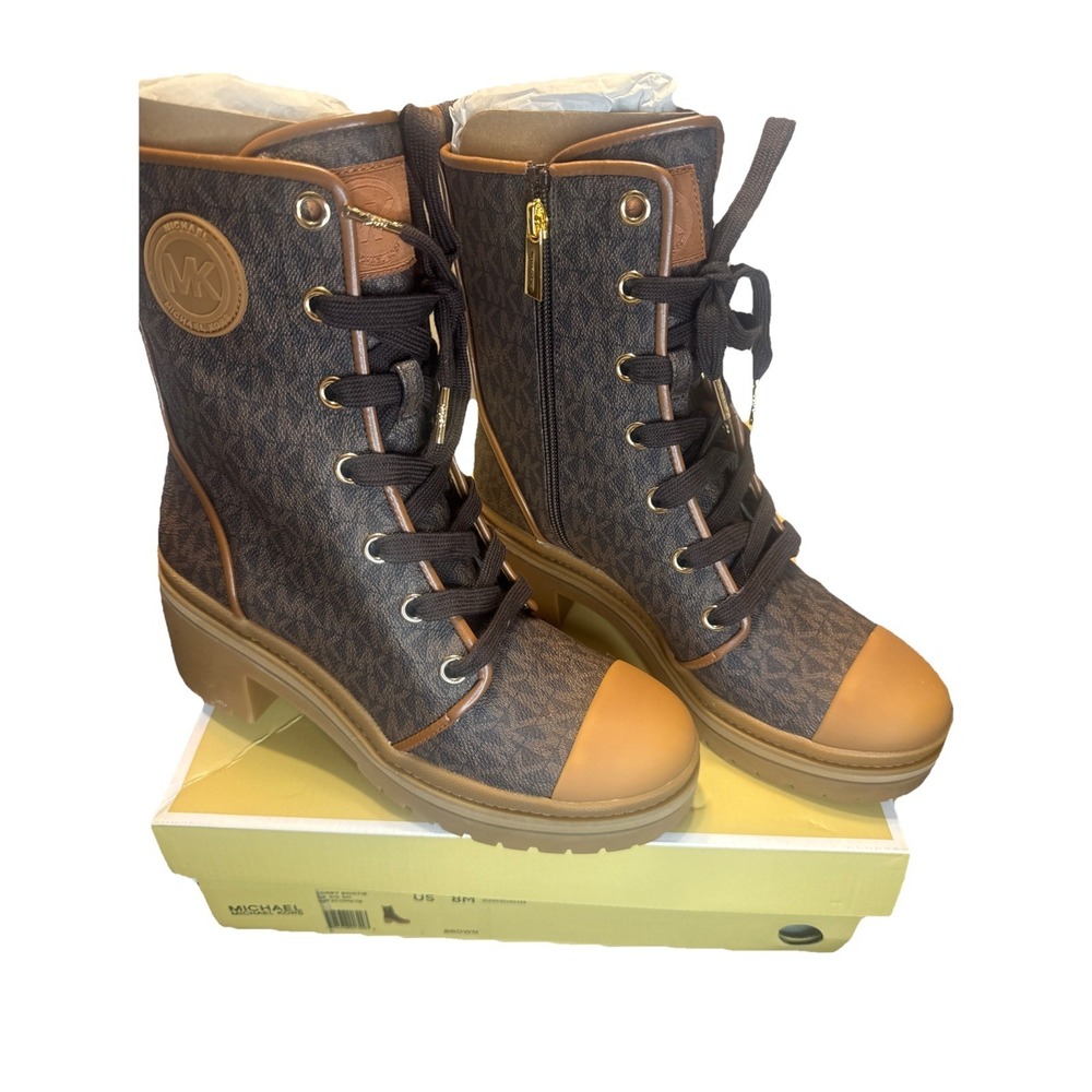 MICHAEL KORS COREY BOOTIE Mini MK Logo Lux Boots Womens Size 8 Brown‎